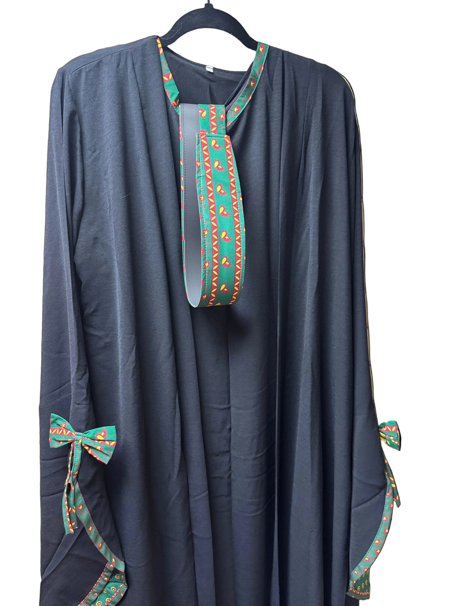 Black Palestinian Thobe with Green Traditional Trim & Tie Sleeves