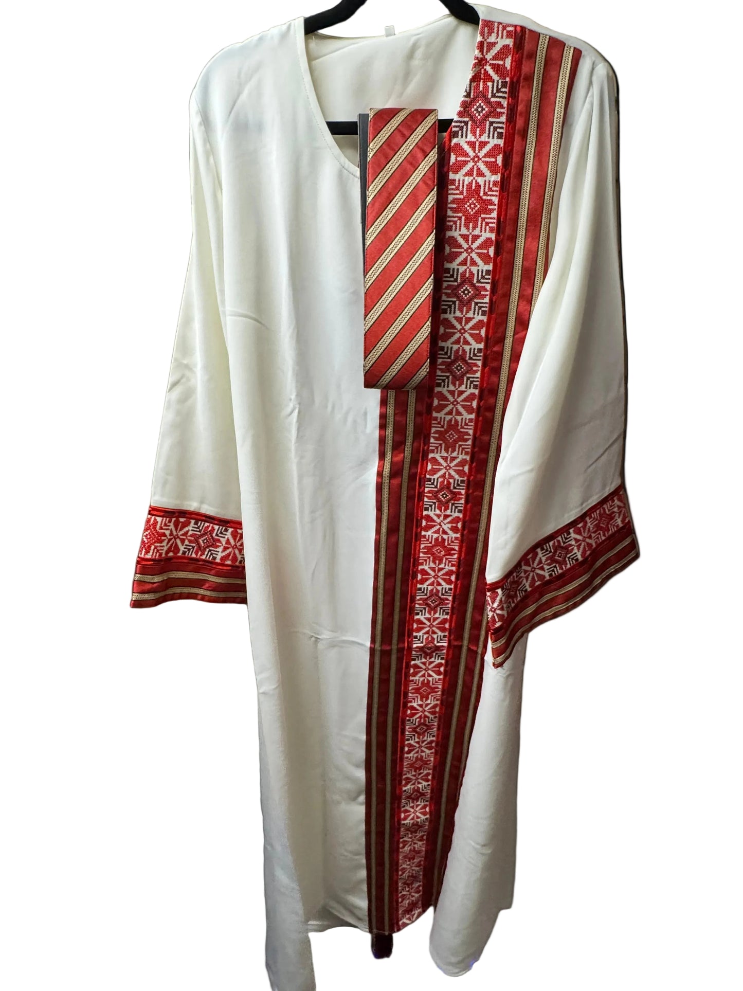 White Tatreez Palestinian Thobe with Red Embroidery – Made in Palestine