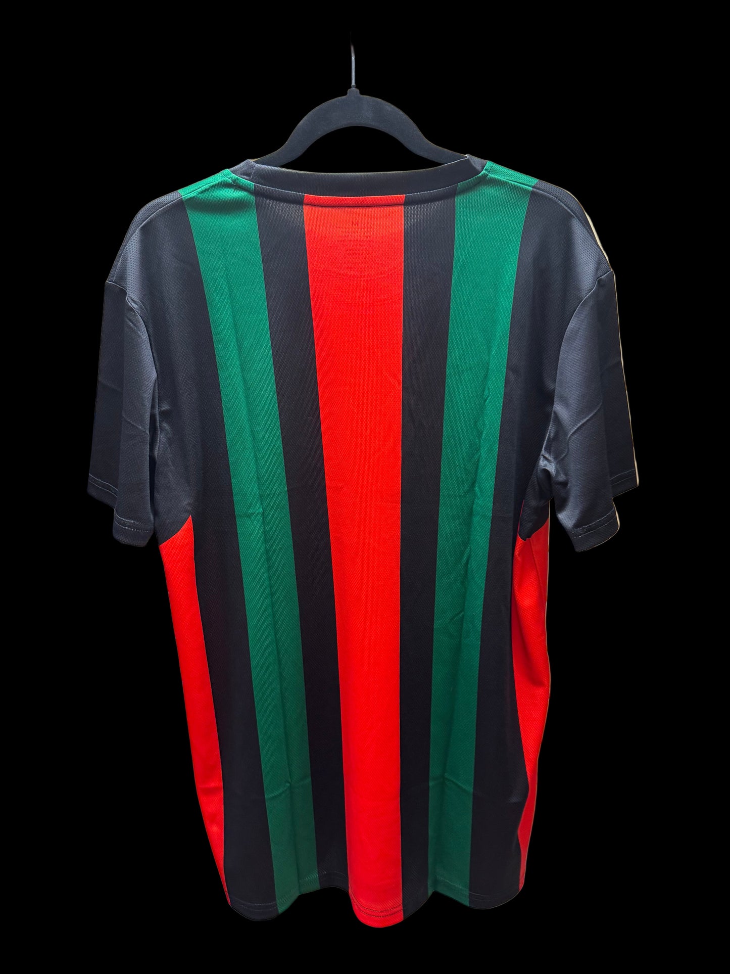 Palestine Striped Jersey – Black/Red/Green Vertical Design – Designed in Palestine