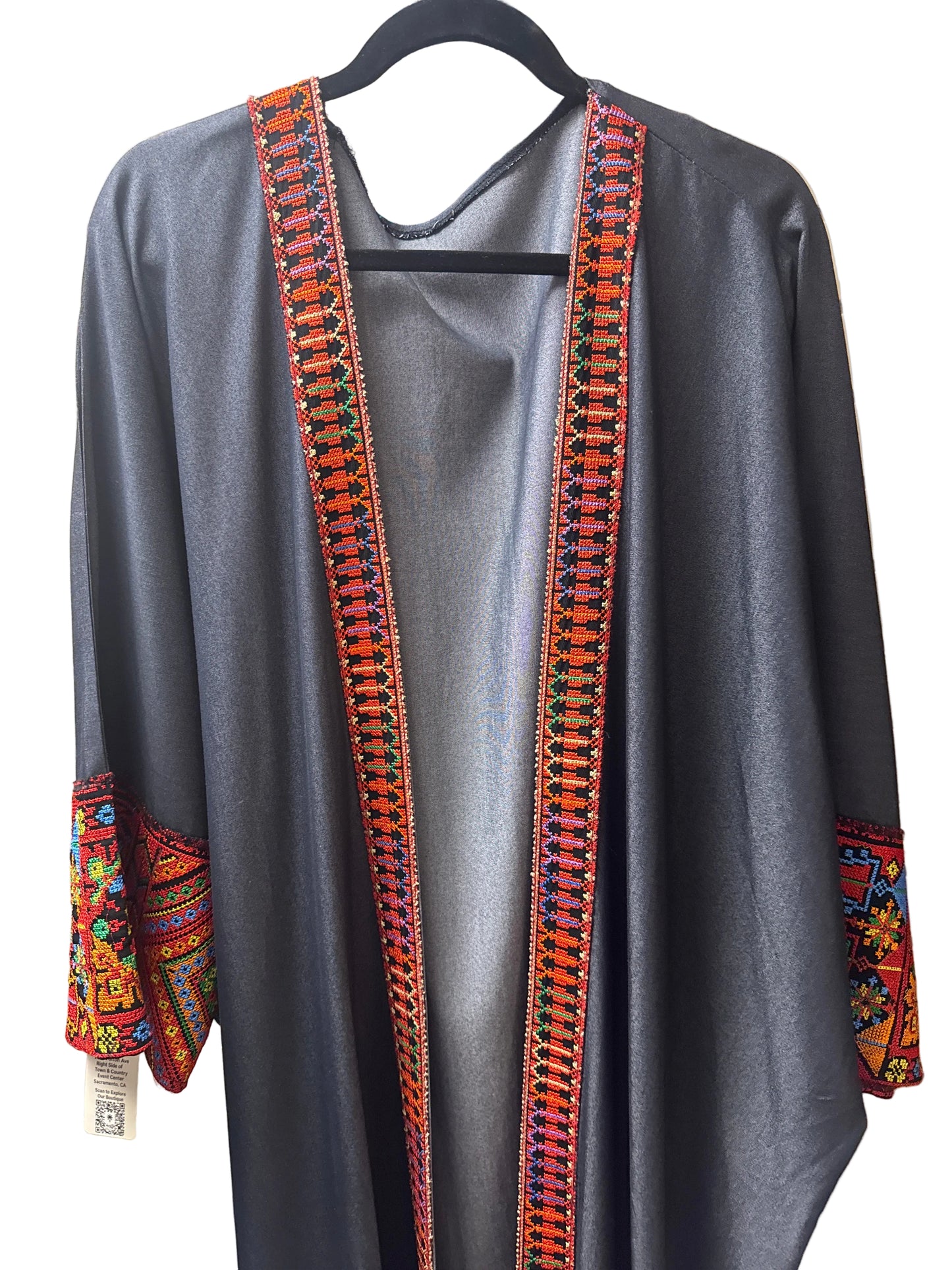 Grey open Abaya with Red Tatreez- Made in Palestine