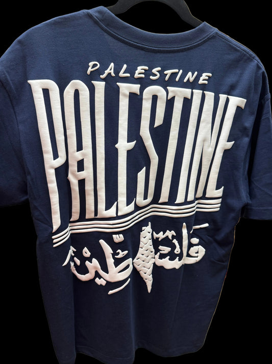 Blue Palestine Puff Print Shirt – Raised 3D Puff Graphic – Handmade in Palestine