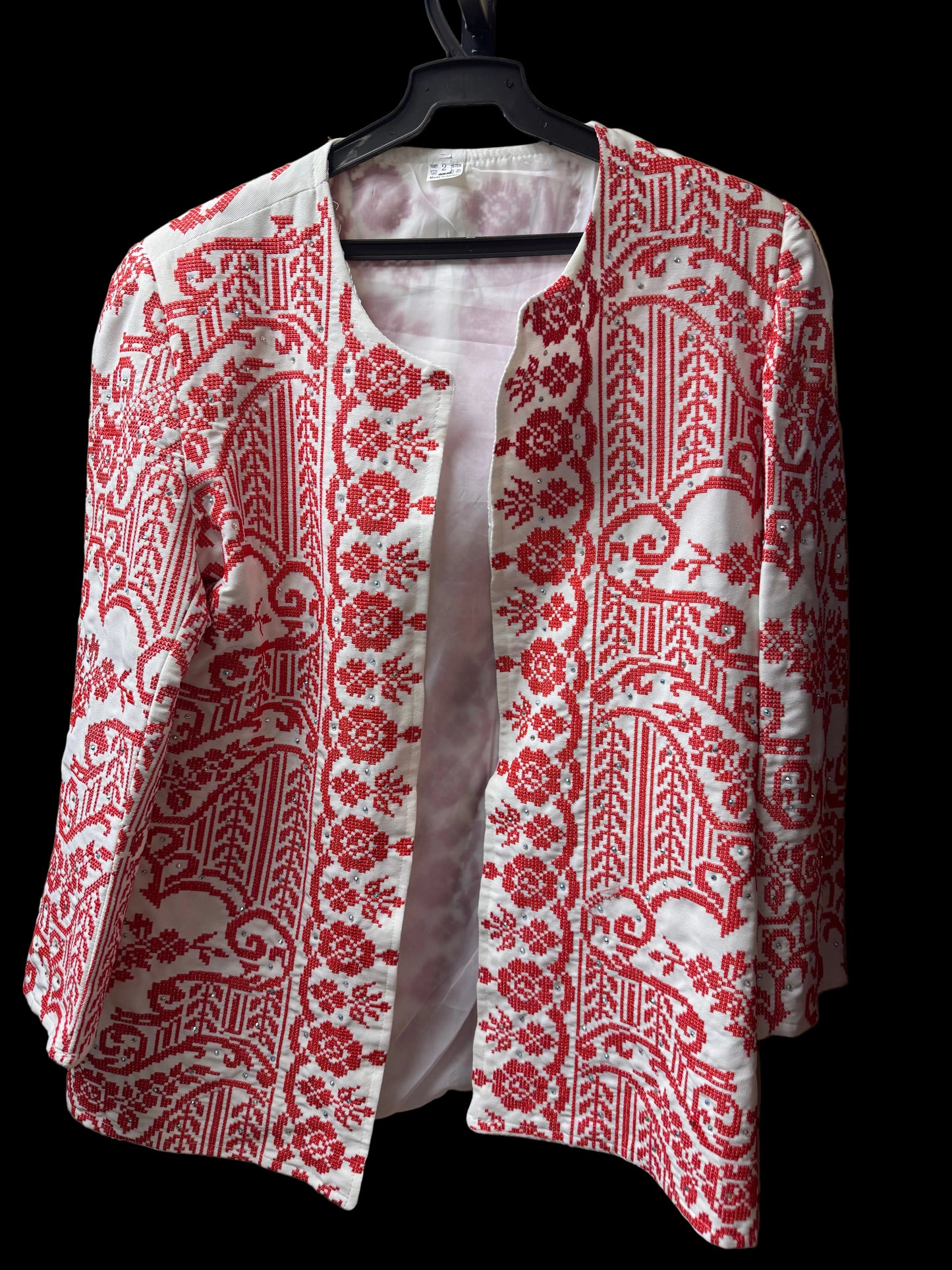 Red & White Tatreez Embroidered Jacket – Handmade in Palestine