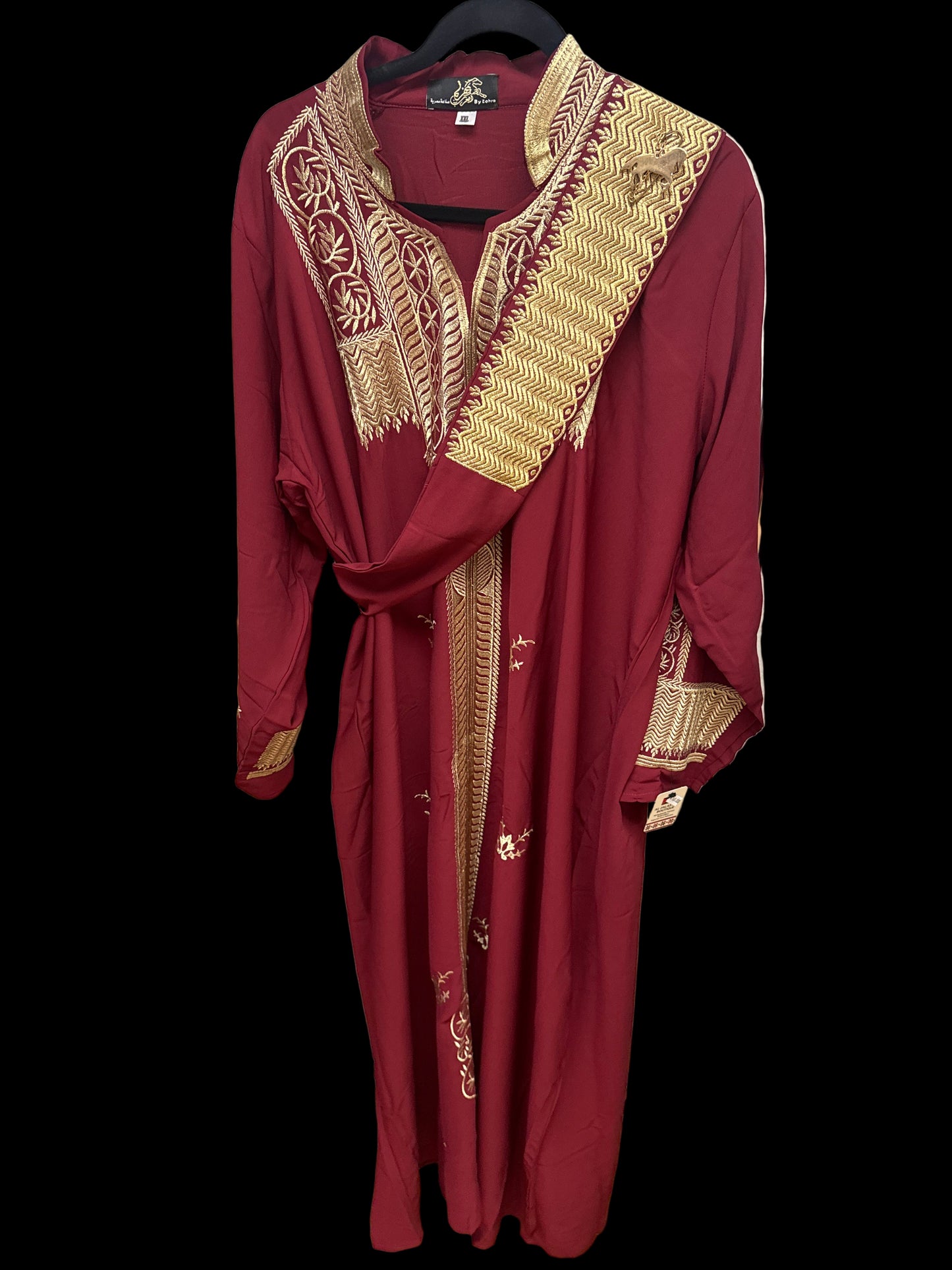 Luxury Palestinian Embroidered Abaya – Burgundy & Gold (By Zohra)