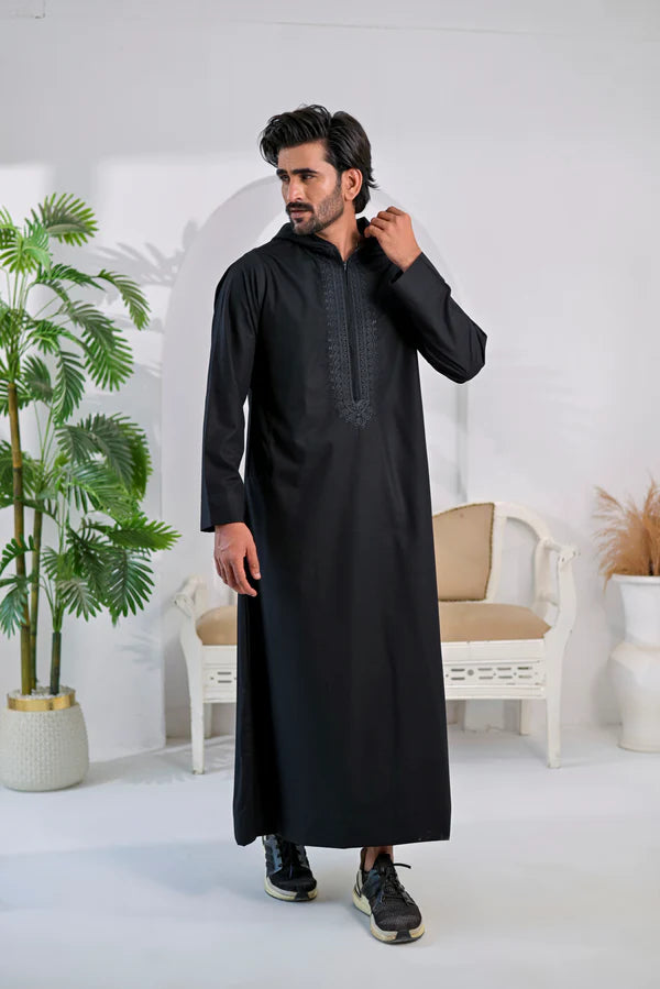 Attire by Yusuf Premium Hooded Embroidered Thobe – Midnight Black