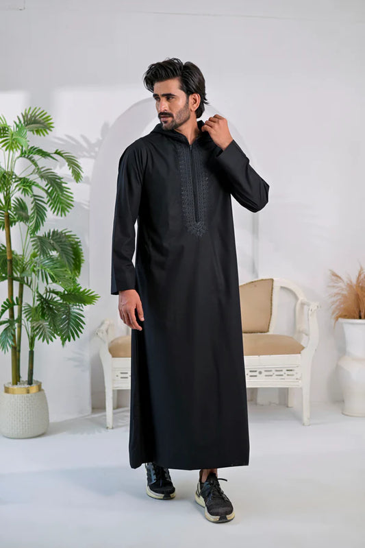 Attire by Yusuf Premium Hooded Embroidered Thobe – Midnight Black