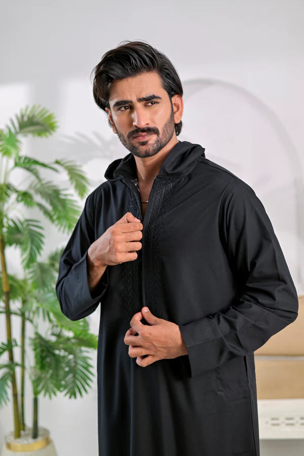 Attire by Yusuf Premium Hooded Embroidered Thobe – Midnight Black