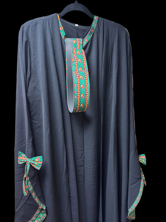 Black Palestinian Thobe with Green Traditional Trim & Tie Sleeves