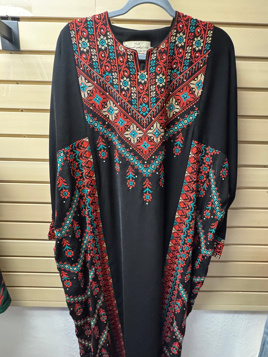 Black Tatreez Palestinian Thobe – Red & Teal Embroidery