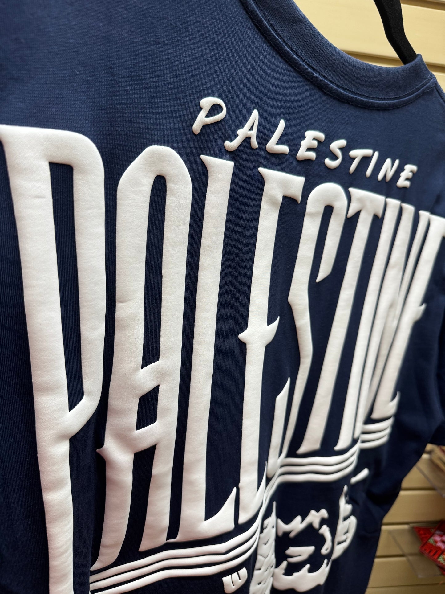 Blue Palestine Puff Print Shirt – Raised 3D Puff Graphic – Handmade in Palestine
