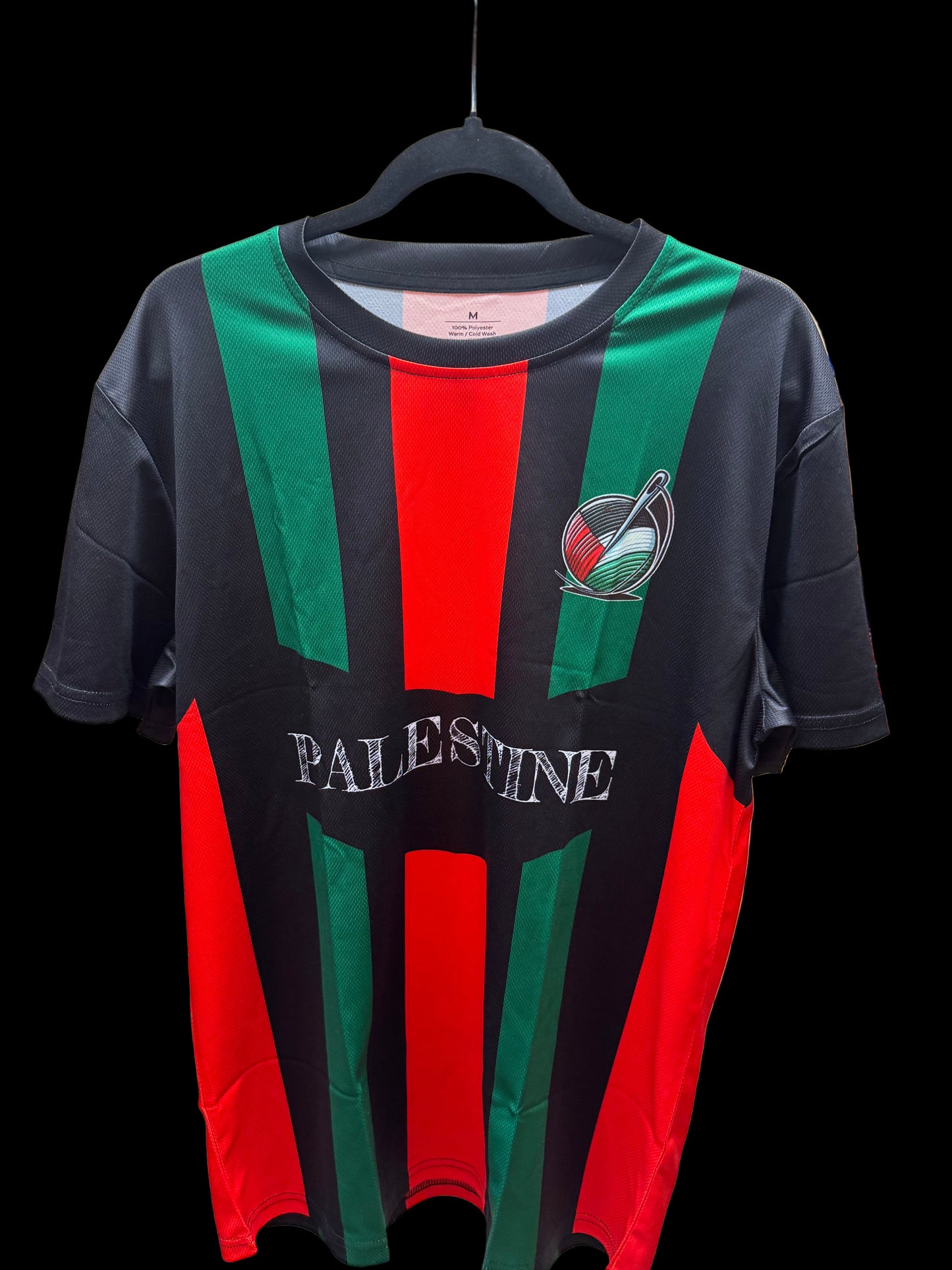 Palestine Striped Jersey – Black/Red/Green Vertical Design – Designed in Palestine