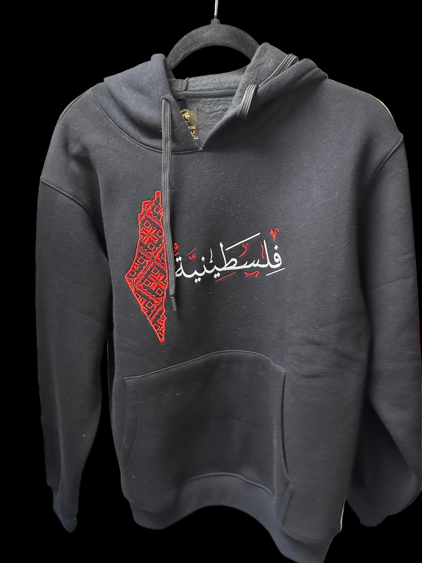 Made in Palestine embroidered hoodie with red Tatreez map