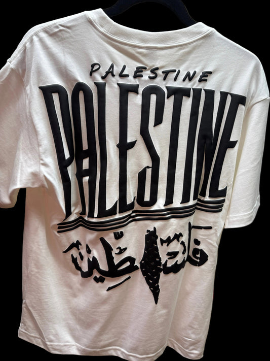 White Palestine Shirt – Real Puff Print (Front & Back) – Handmade in Palestine