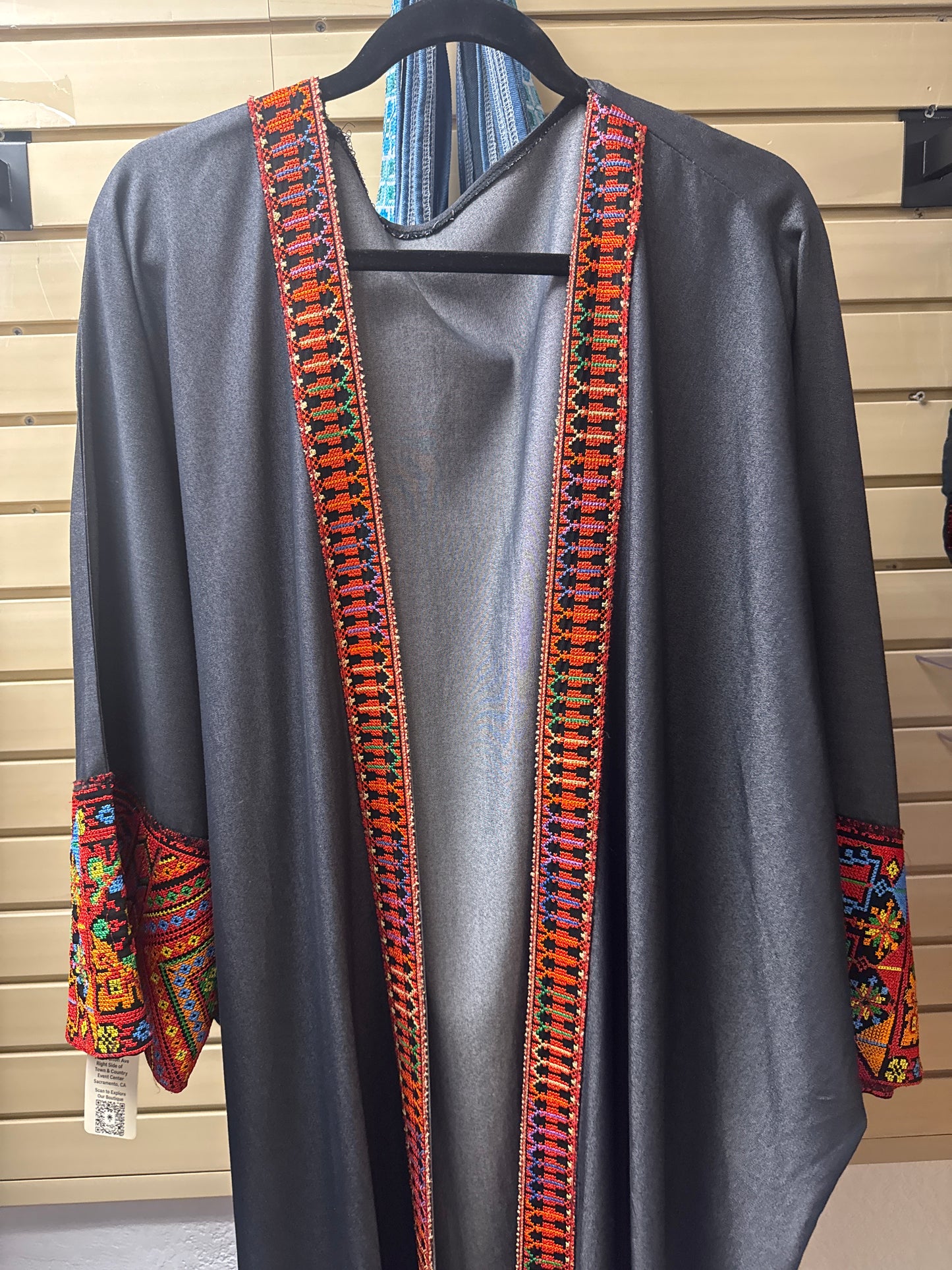 Grey open Abaya with Red Tatreez- Made in Palestine