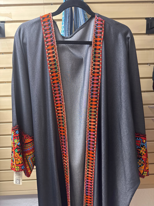 Grey open Abaya with Red Tatreez- Made in Palestine