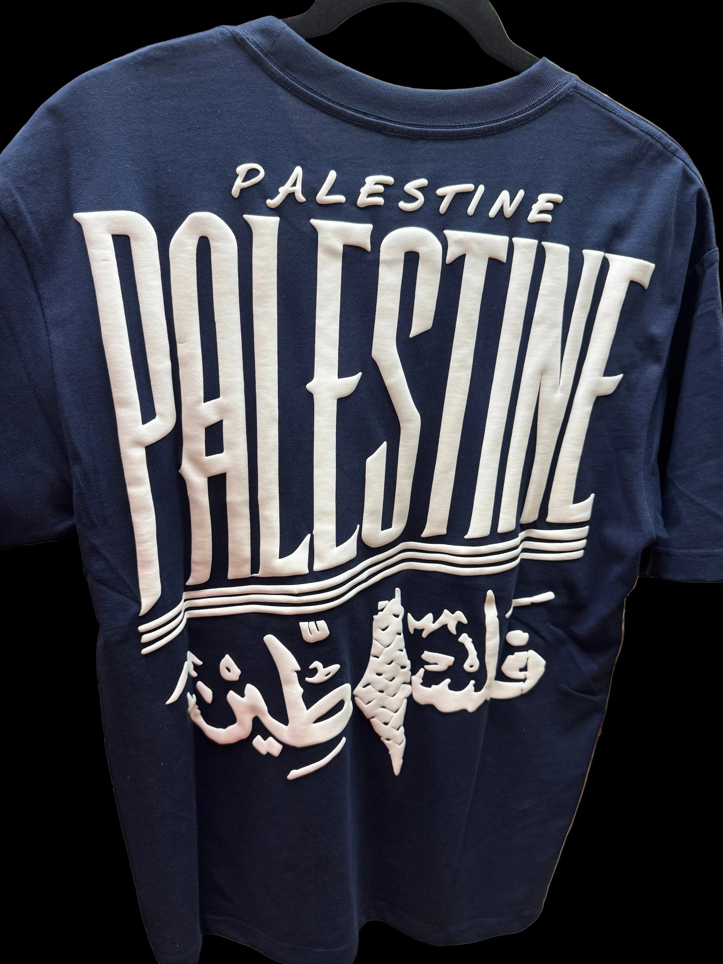 Blue Palestine Puff Print Shirt – Raised 3D Puff Graphic – Handmade in Palestine