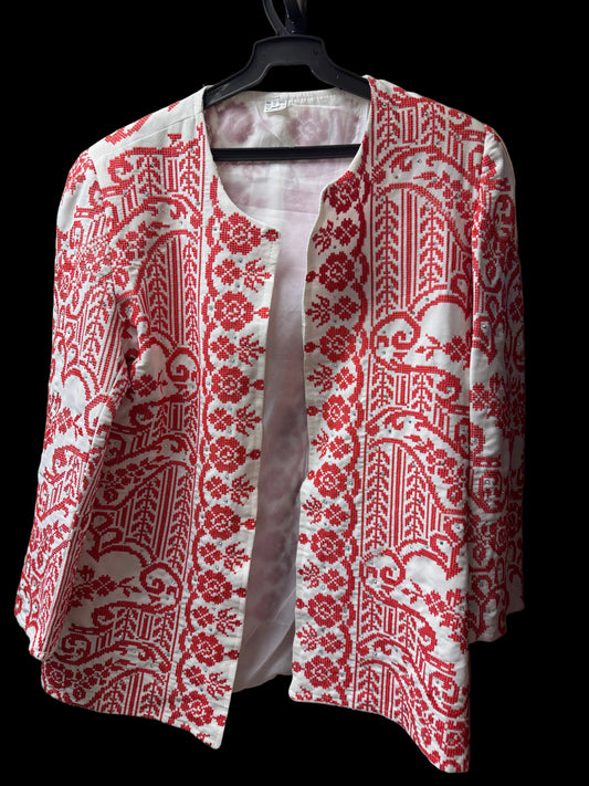 Red & White Tatreez Embroidered Jacket – Handmade in Palestine